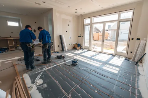 Étapes détaillées du processus d’installation d’un système de chauffage radiant lors d’une rénovation intérieure.